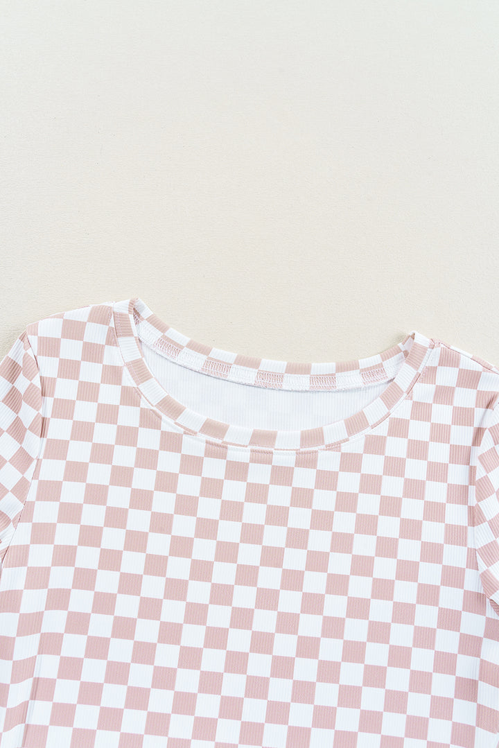 Pink Checkered Ribbed Slim Fit Crew Neck T Shirt