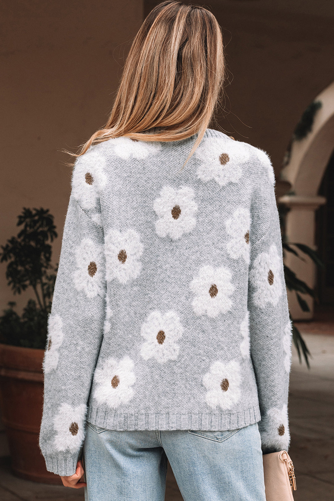Gray Cute Flower Print V Neck Drop Shoulder Baggy Sweater