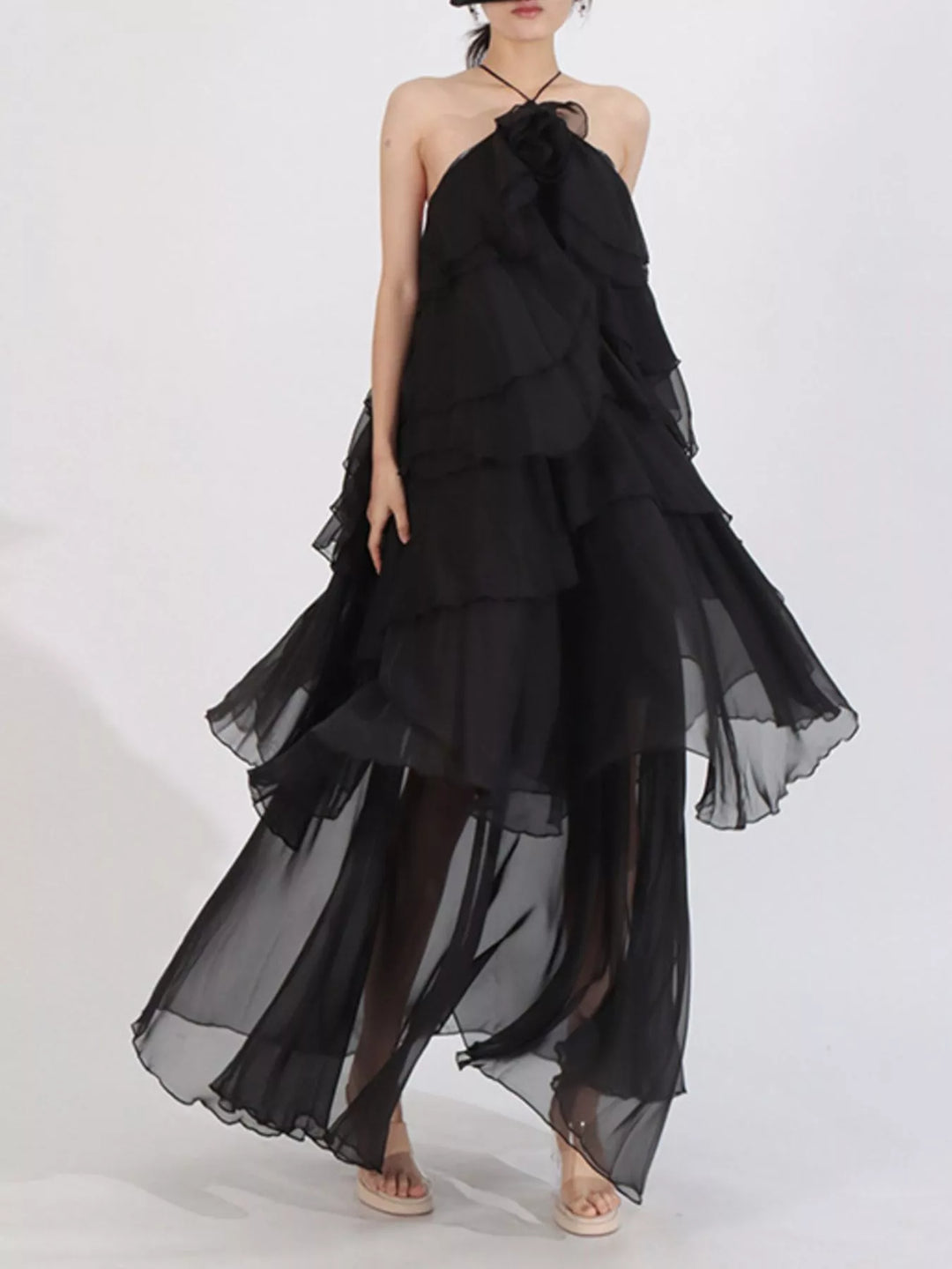 Ruffled Chiffon Halter Neck Maxi Dress