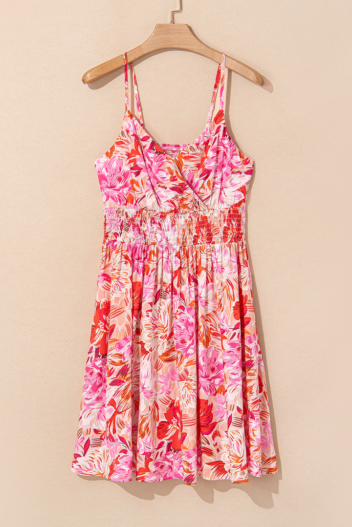 Red Floral Spaghetti Strap Surplice Neck Shirred Waist Mini Dress