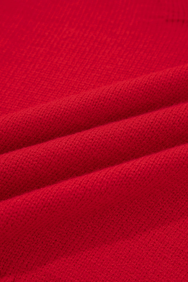 Racing Red Collared V Neck Ribbed Edge Sexy Elegant Sweater