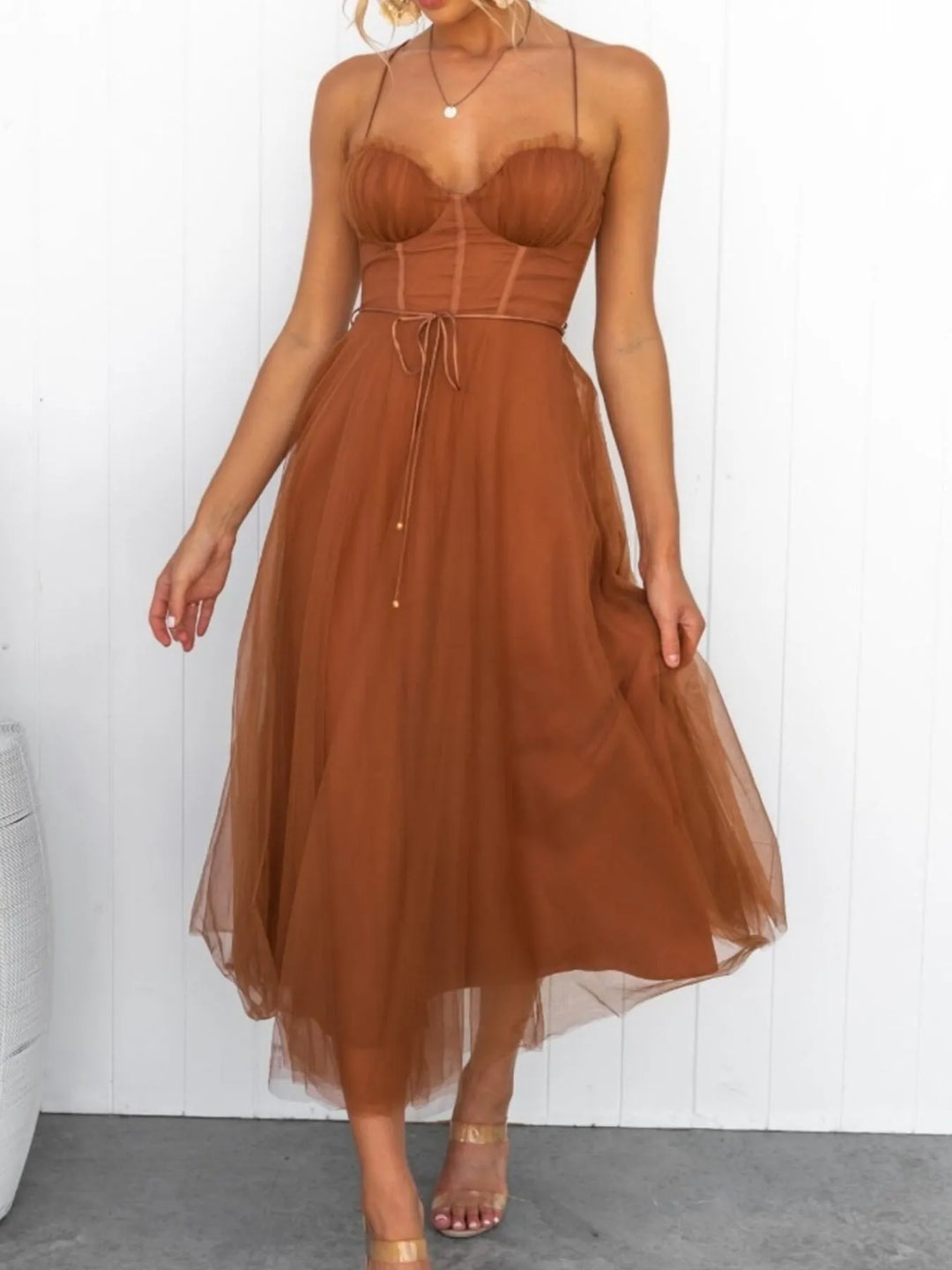 Sweetheart Neck Tulle Midi Dress
