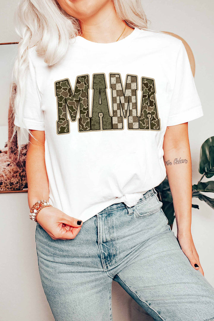 White MAMA Mixed Pattern Lettering T Shirt