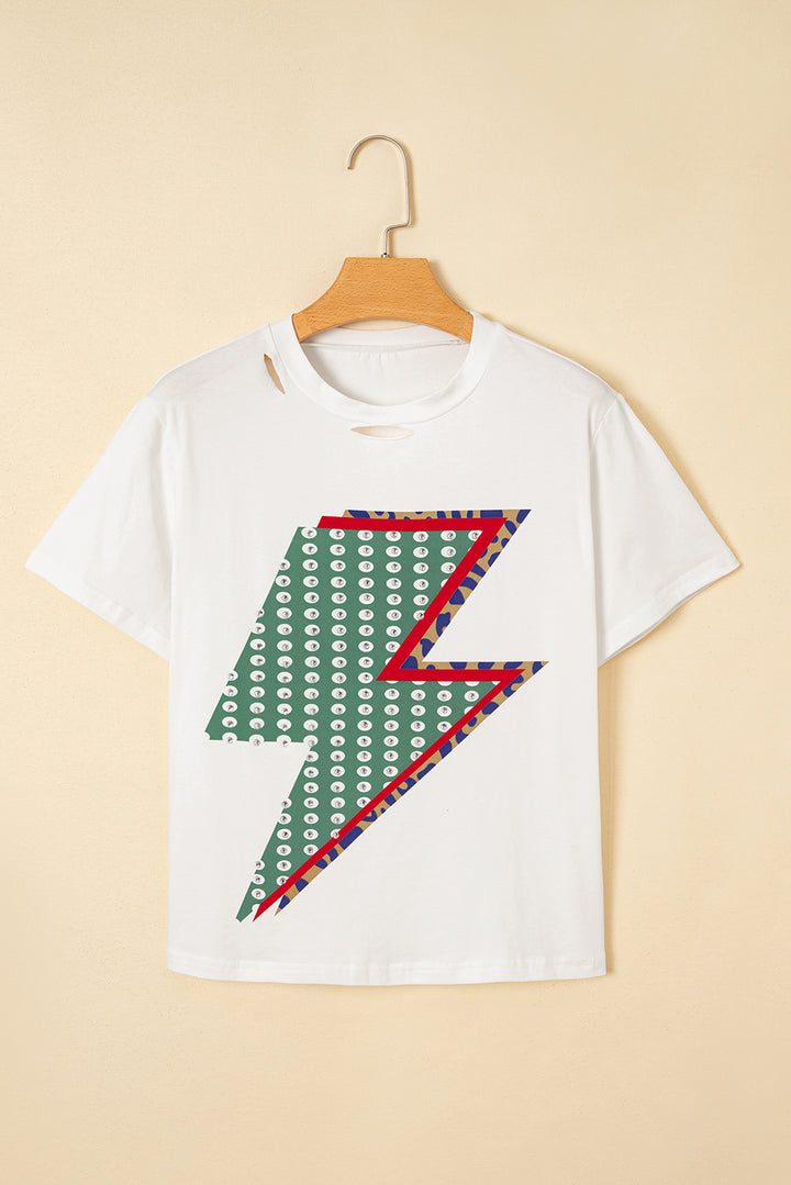White Rhinestone Decor Bolt Graphic Ripped Western Tee
