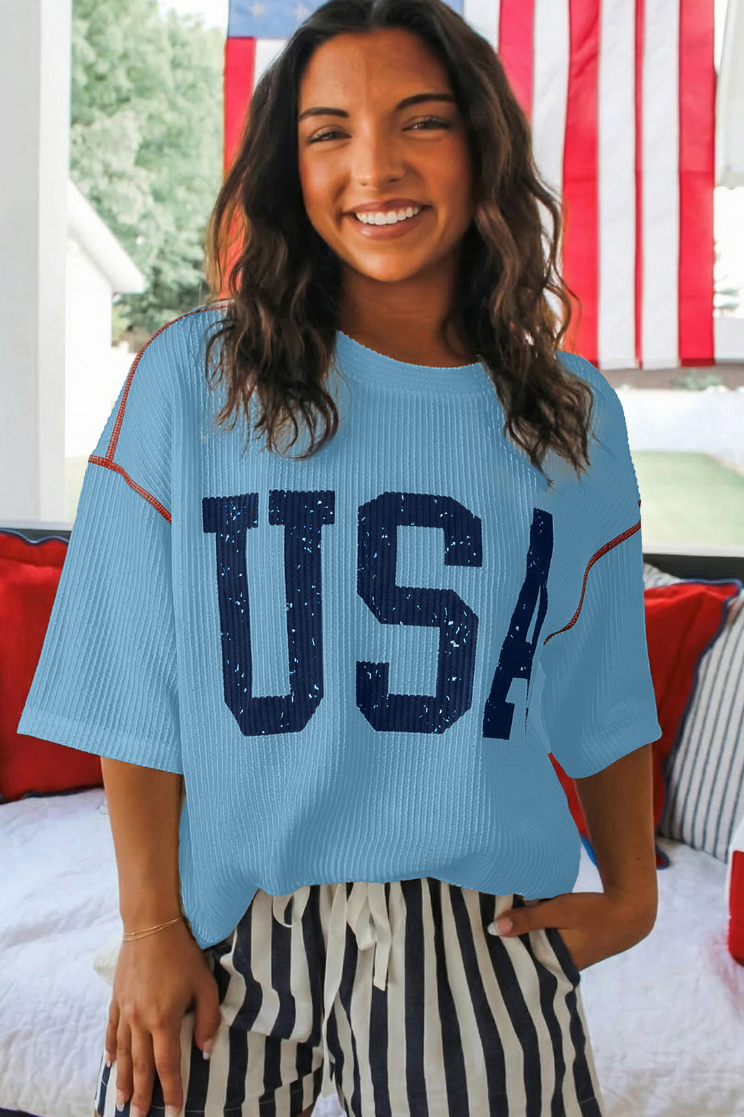 White USA Graphic Half Sleeve Loose Ribbed Top