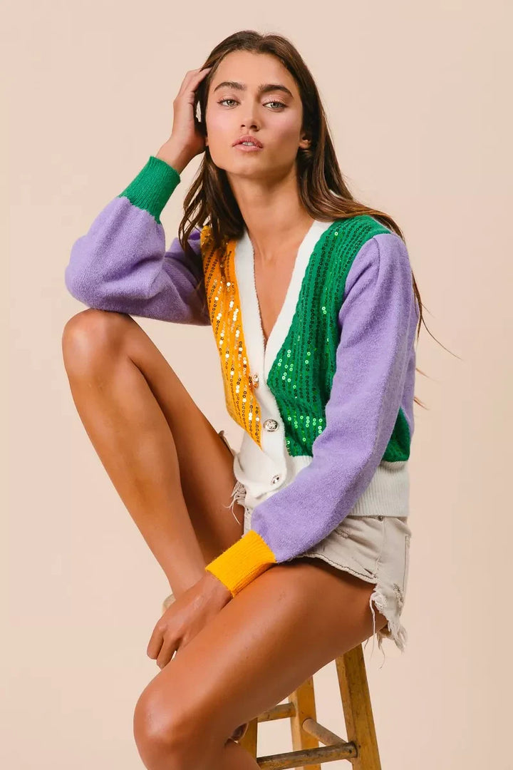 BiBi Mardi Gras Color Block Sequin Sweater Cardigan
