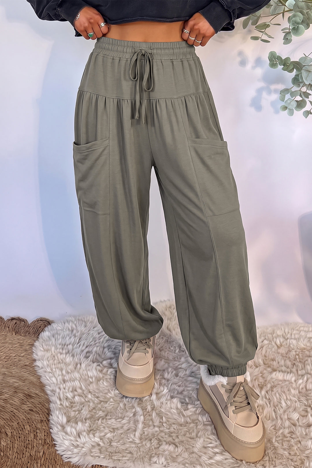 Seagrass Elastic Waist Drawstring Wide Leg Full Length Pants