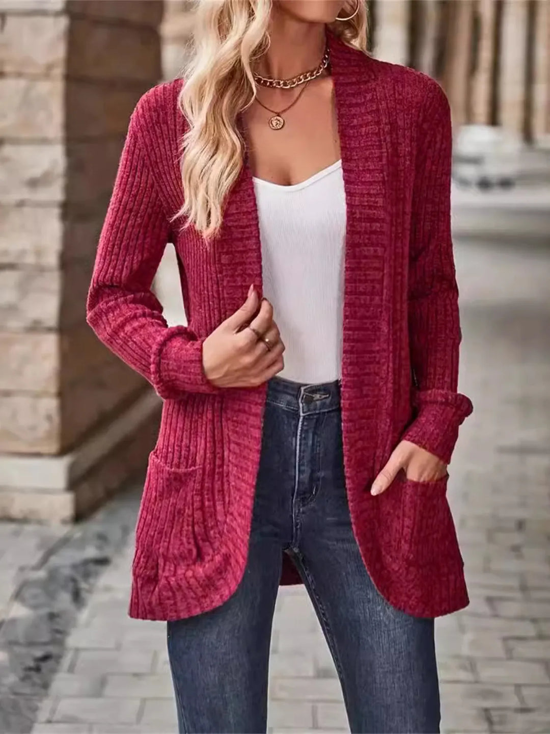 Ribbed Open Front Long Cardigan with Pockets