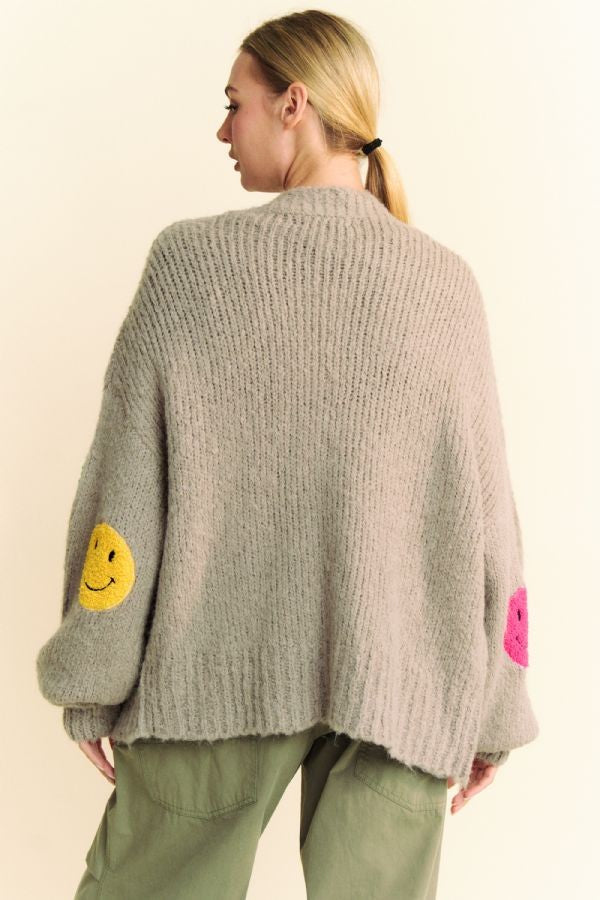 Back To School Sweater - Davi & Dani Fuzzy Smile Open Front Long Sleeve Cardigan