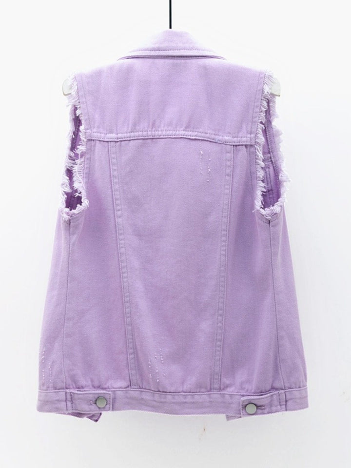 Full Size Button Down Raw Hem Sleeveless Denim Jacket Plus Size