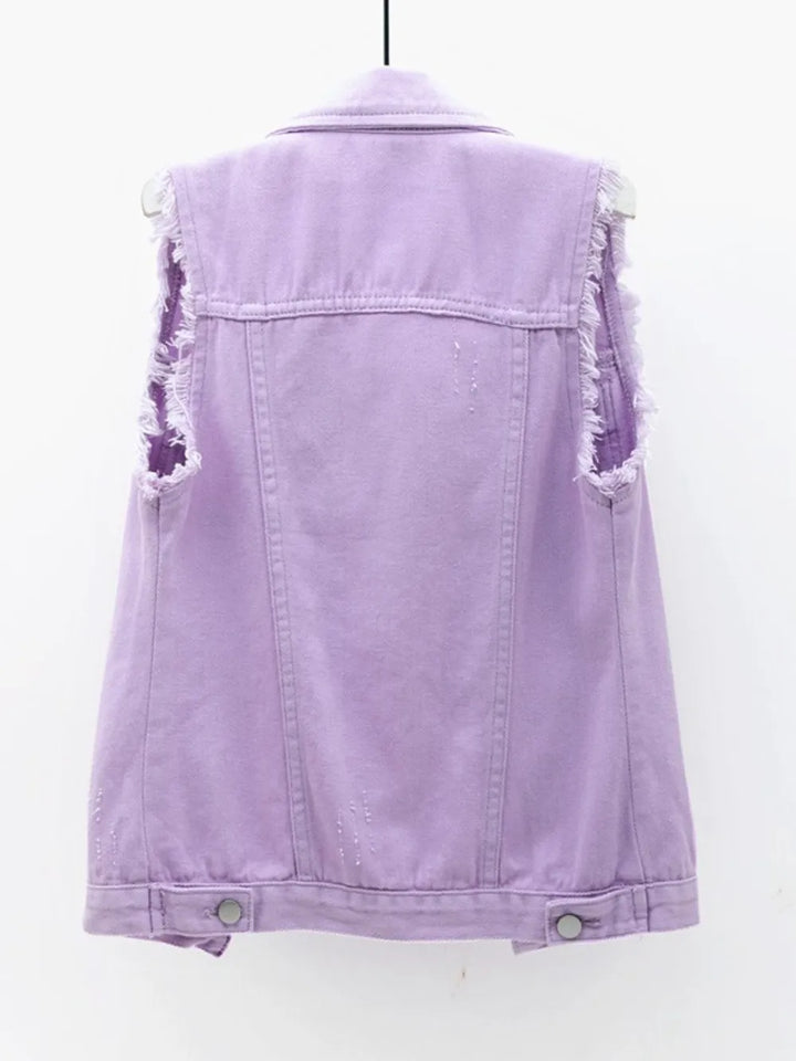 Full Size Button Down Raw Hem Sleeveless Denim Jacket Plus Size