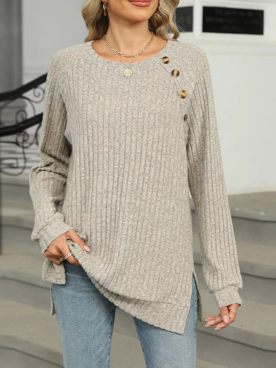 Round Neck Side Slit Ribbed Knit Top with Asymmetric Button Detail