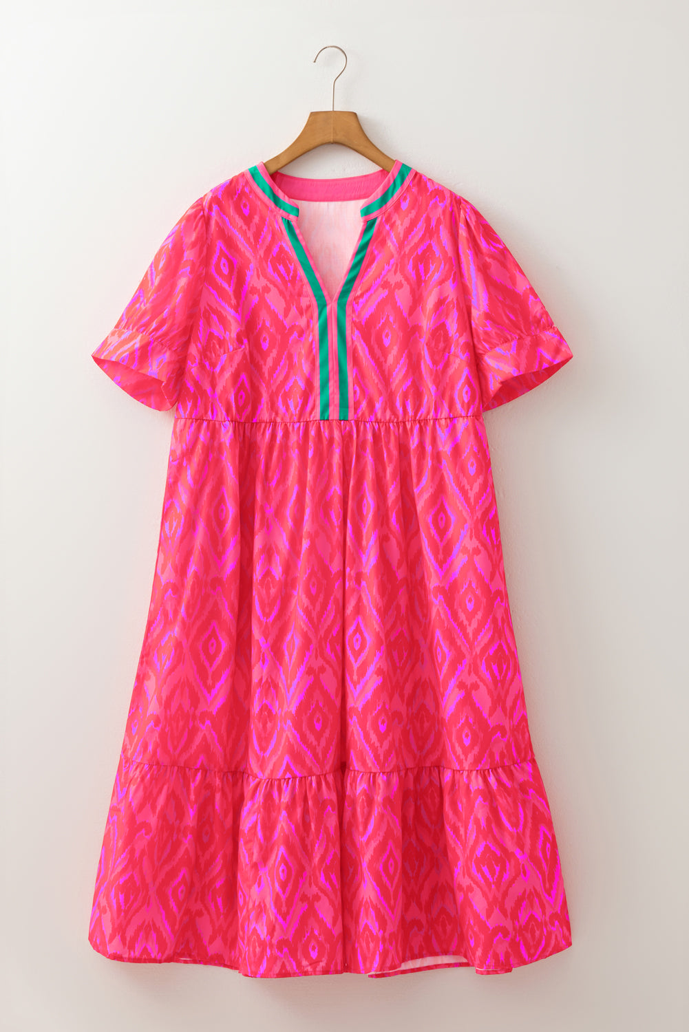 Red Allover Print Contrast Split Neckline Short Puff Sleeve Curvy Dress