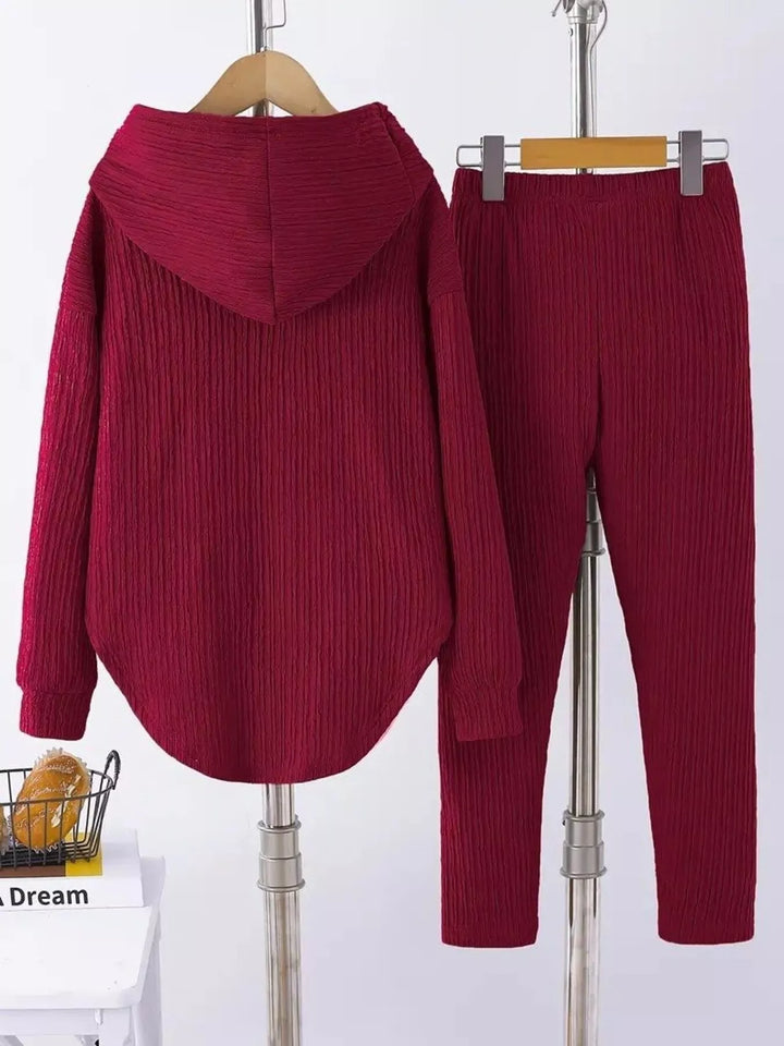 Textured Long Sleeve Hoodie and Pants Set