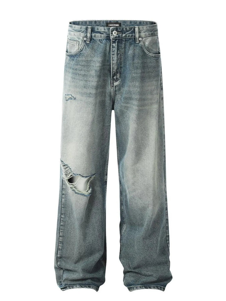 Men's Distressed Wide Leg Vintage Wash Jeans