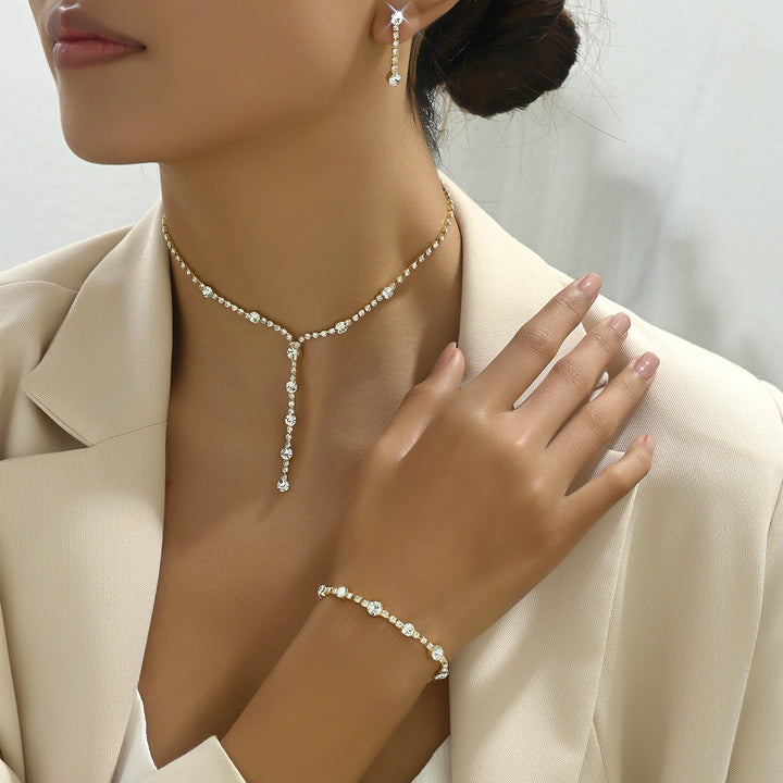 Niche Design High-Gloss Women Jewelry Set, Unique Cubic Zirconia Inlaid Necklace, Bracelet & Stud Earrings Matching Accessories