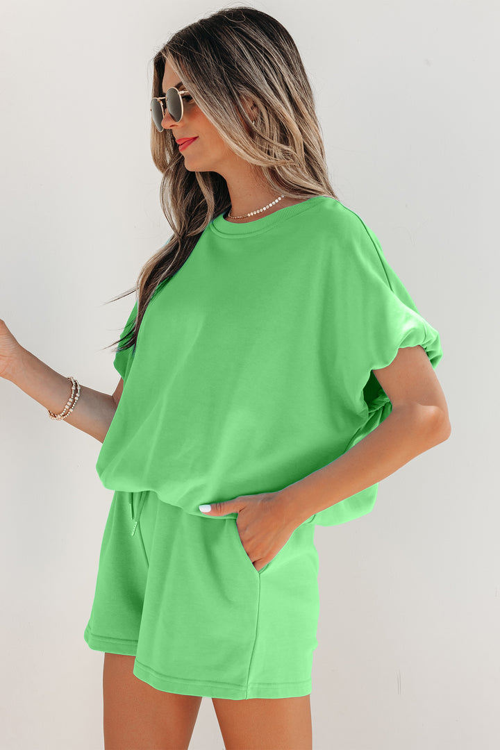 Light Blue Solid Color Puffy Loose Top Drawstring Shorts 2pcs Outfit