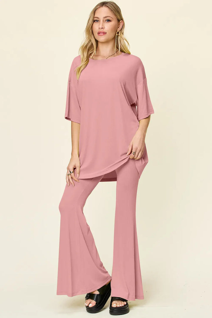 Double Take Full Size Round Neck Drop Shoulder T-Shirt and Flare Pants Set