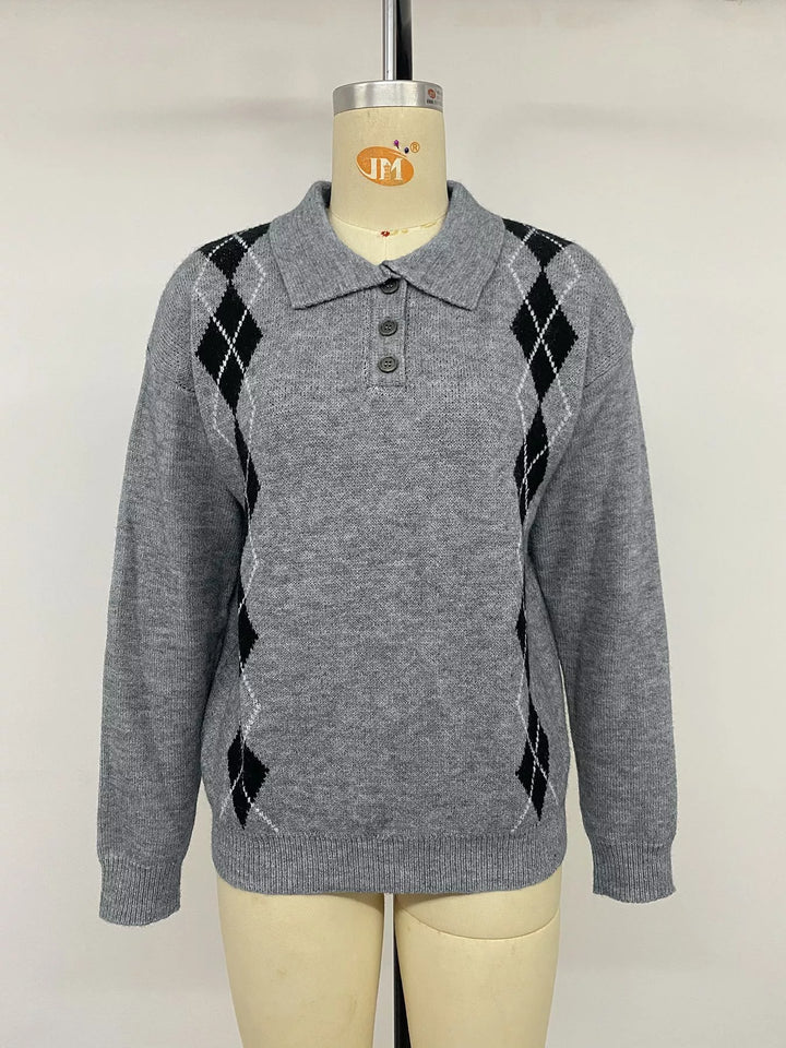 Argyle Patterned Polo Collar Sweater