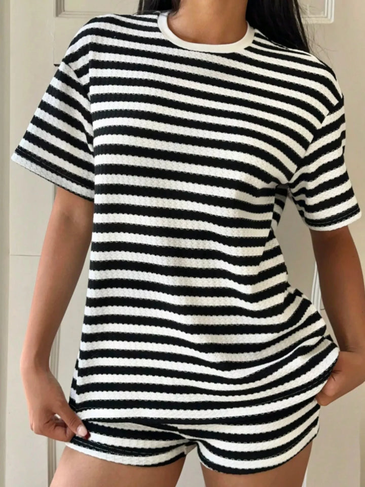 Striped Round Neck Top and Shorts Set