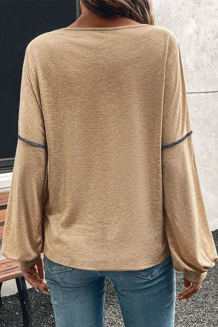 Color Block V-Neck Long Sleeve Blouse