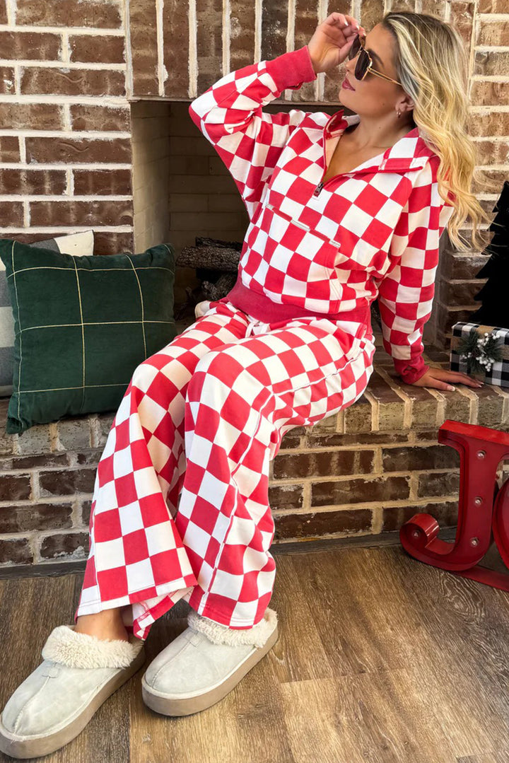 Red Checkered Print Half Zip Hoodie Loose Pant Set