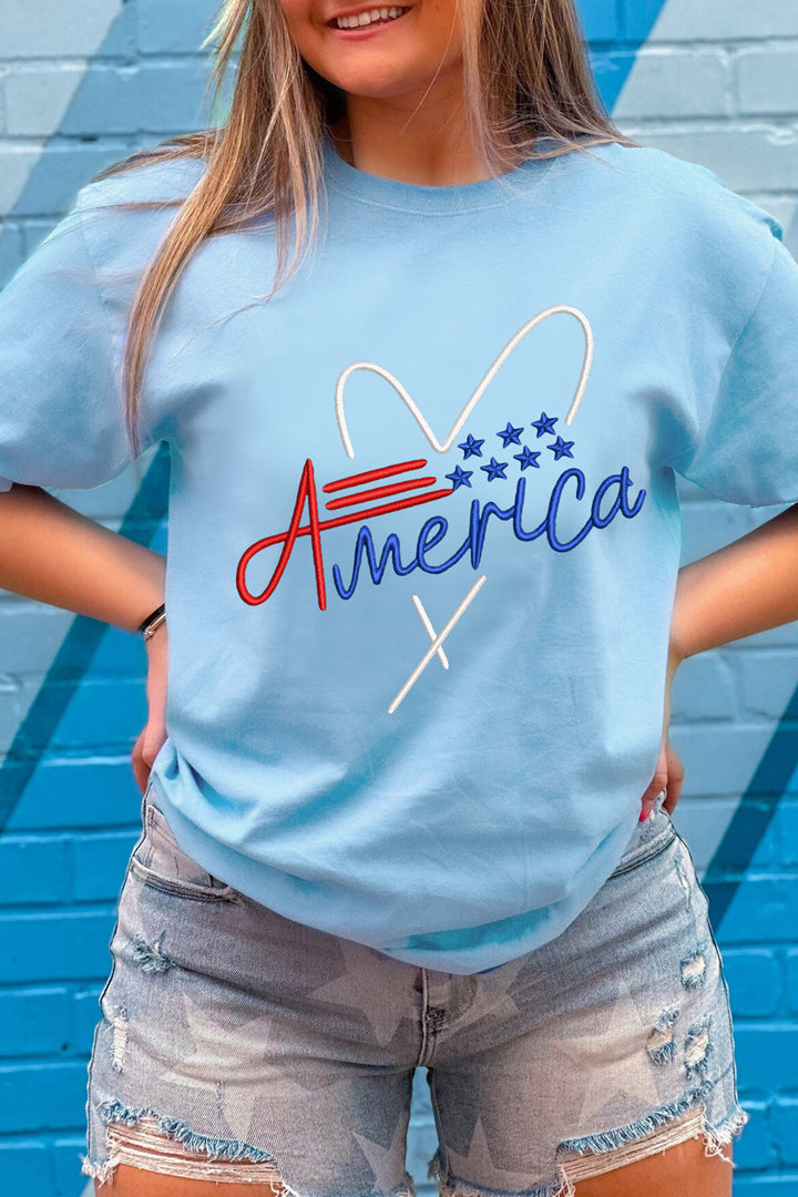 Light Blue Love America Embroidered Graphic Tee