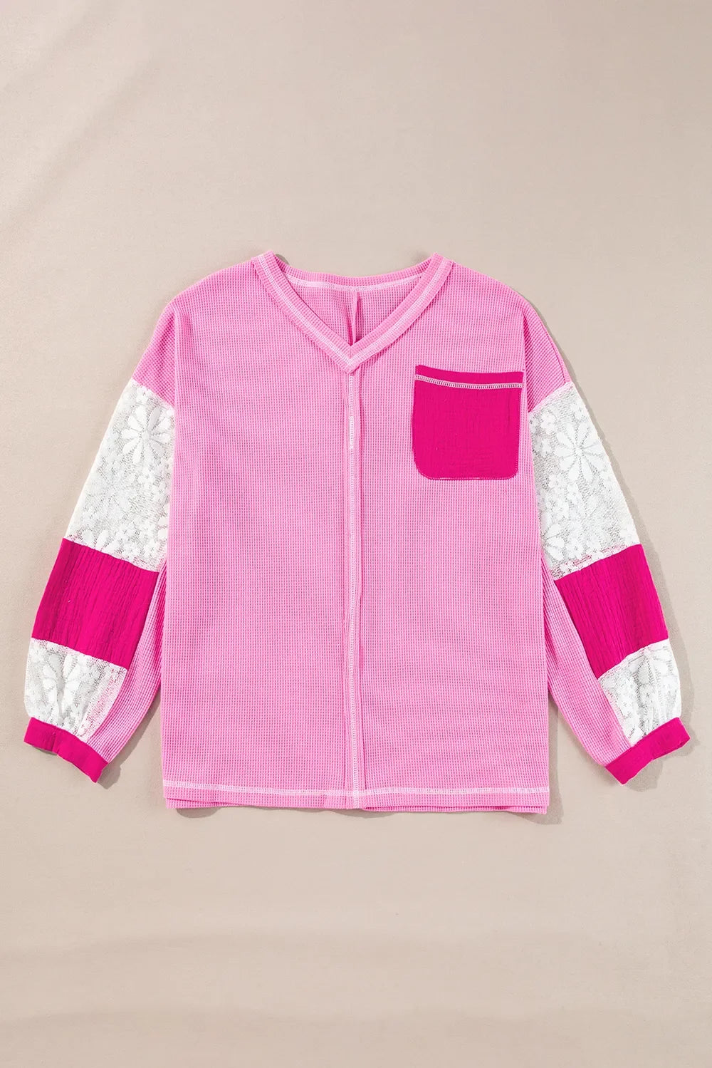 Lace Patchwork Sleeve Stitching V Neck Top