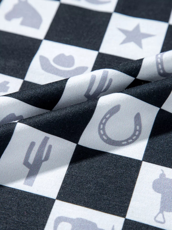 Western Checkerboard Print Side Split T Shirt