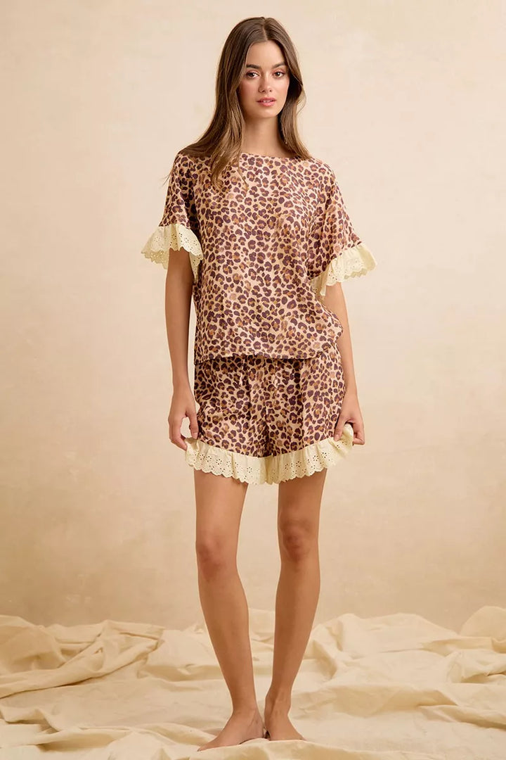 BiBi Leopard and Eyelet Lace Ruffled Top and Shorts Set