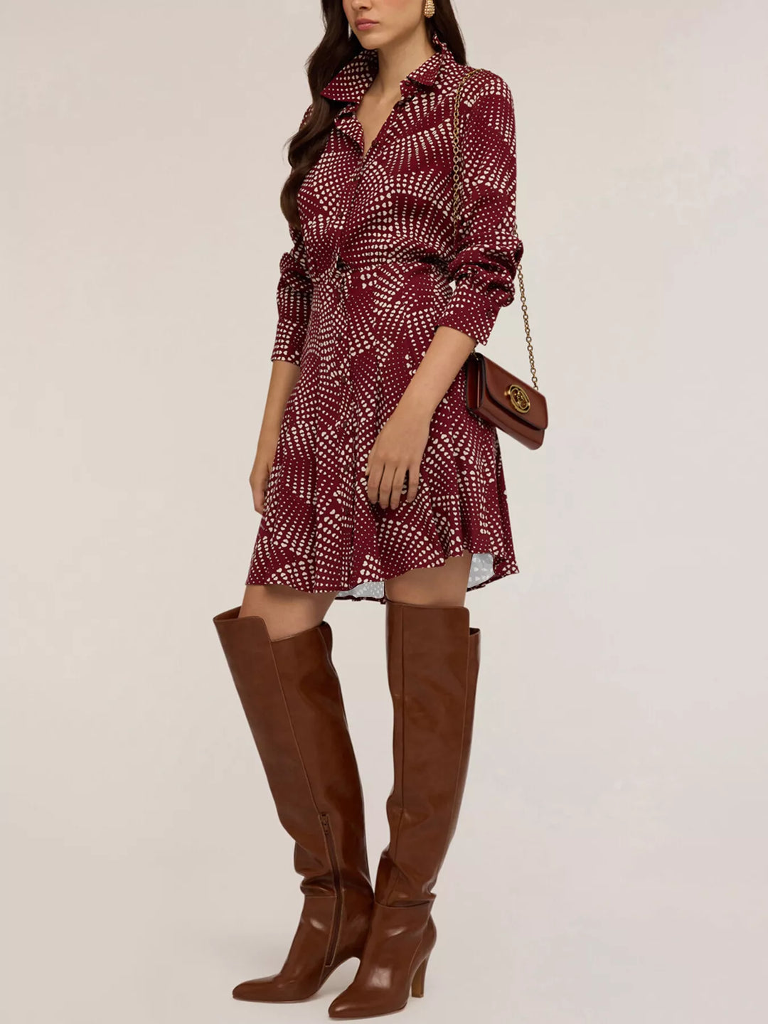 Printed Long Sleeve Mini Shirt Dress
