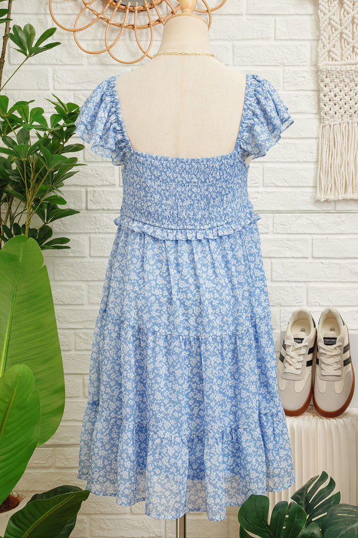 Sky Blue Floral Print Square Neck Flutter Sleeve Smocked Tiered Mini Dress