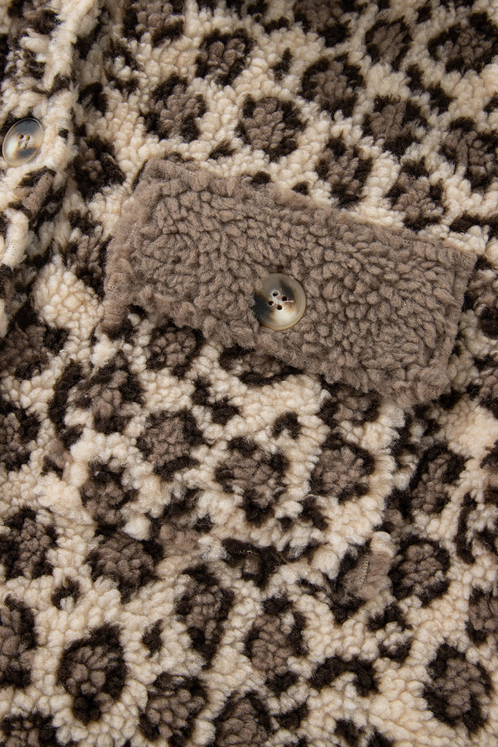 Brown Sherpa Leopard Print Flap Pocket Collared Button Up Jacket