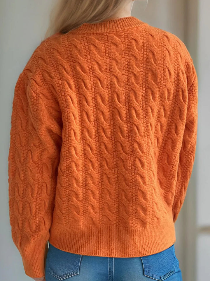 Cable-Knit Round Neck Long Sleeve Cardigan