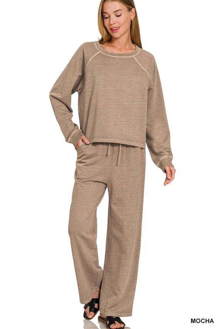 Zenana Washed F/terry Round Neck Pullover & Pants Set