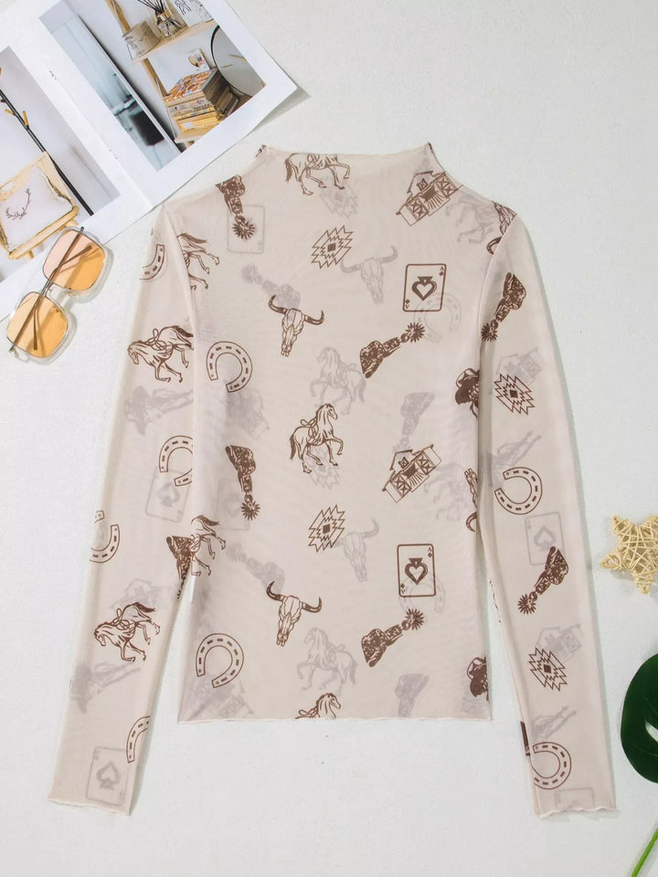 Western Print Slim Fit Mesh Long Sleeve Mock Neck Top
