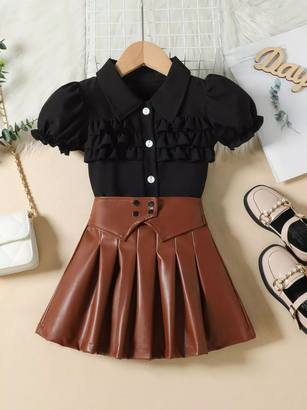 Children's Ruffle Trim Puff Sleeve Top & Pleated Skirt Set