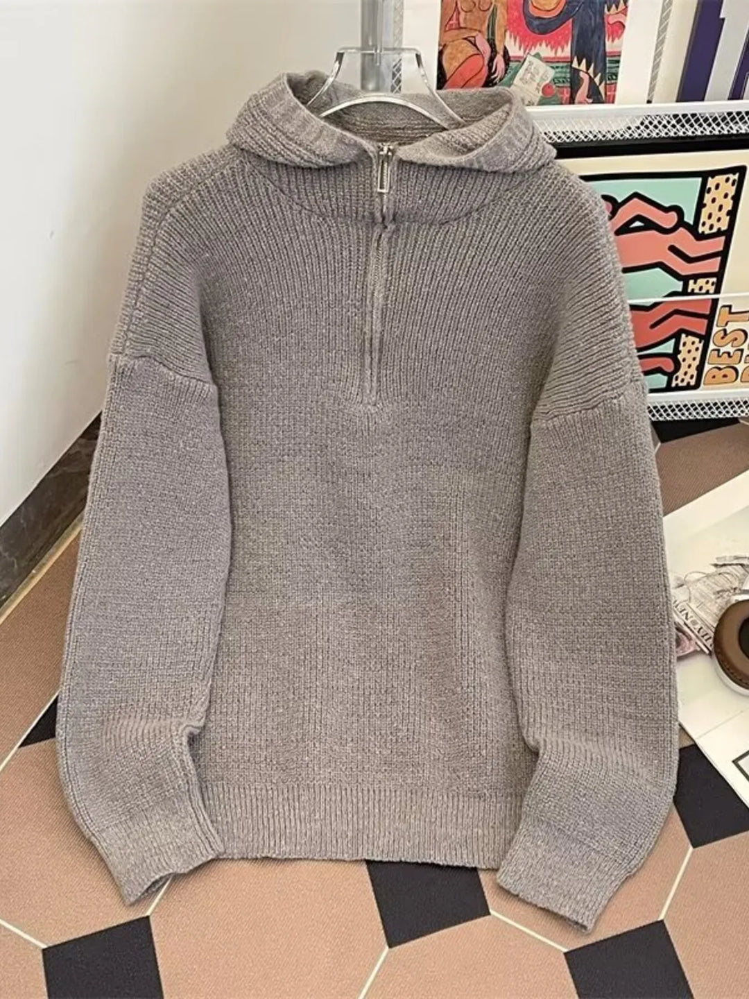 Men's Hooded Half Zip Knit Sweater