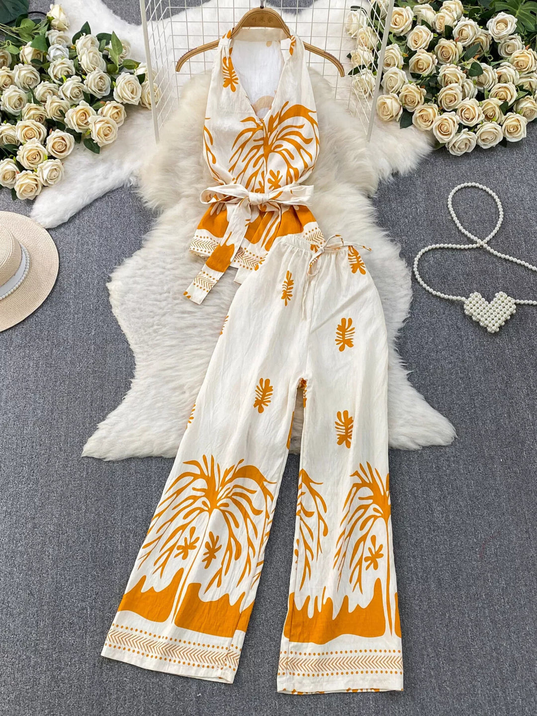 Printed Sleeveless Top and Wide Leg Pants Set