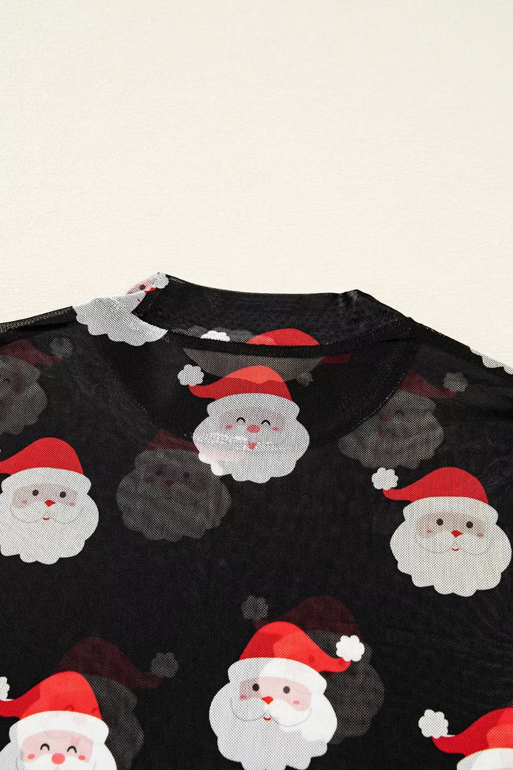Christmas Santa Print Mesh Long Sleeve Top