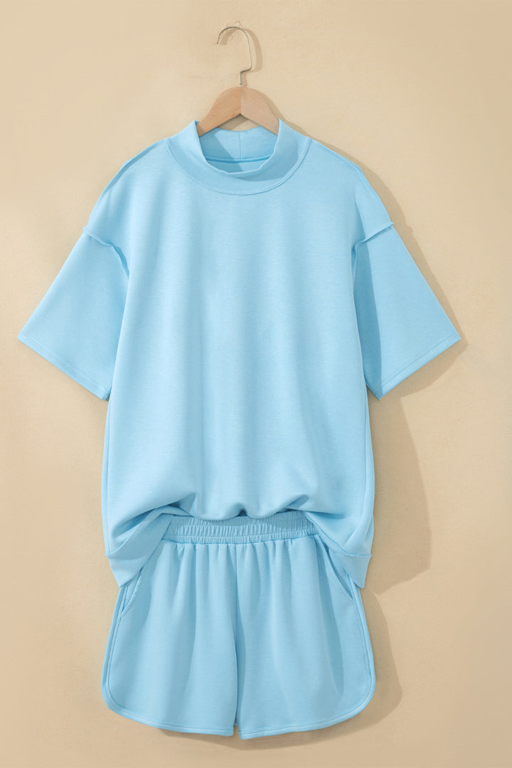 Mist Blue Solid Color Exposed Seam Mock Neck Oversize Tee Casual Shorts 2pcs Outfit