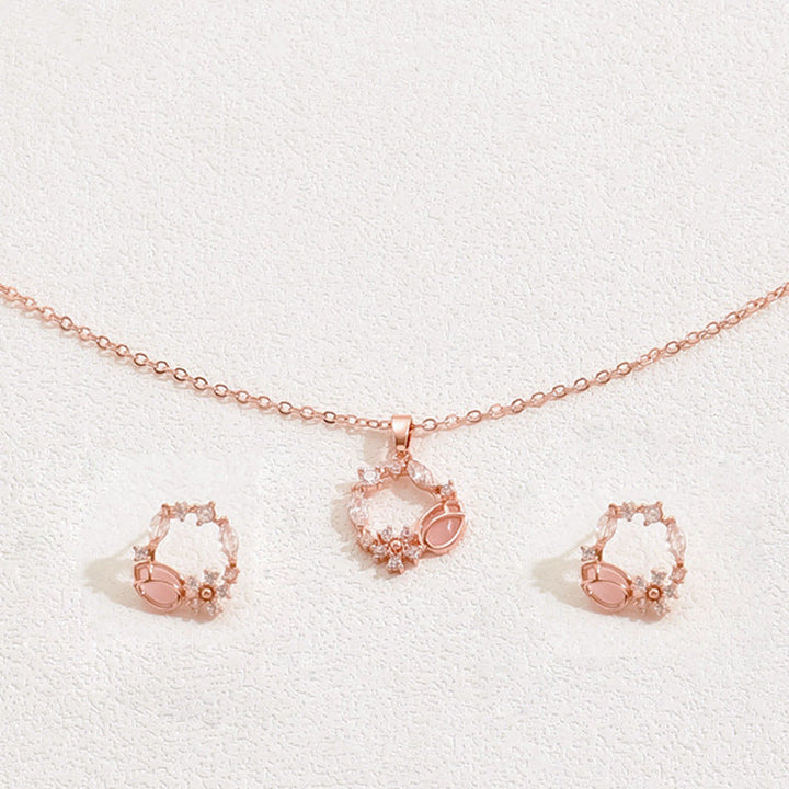 Korean SoftSweet Jewelry Set, Minimal Cubic Zirconia Inlaid Stud Earrings & Niche Design Clavicle Necklace For Women