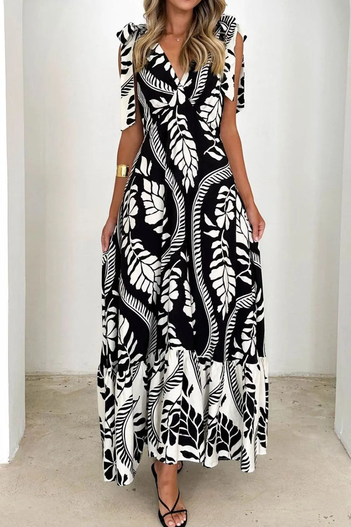 Printed V-Neck Tie Shoulder Midi Cami Dress