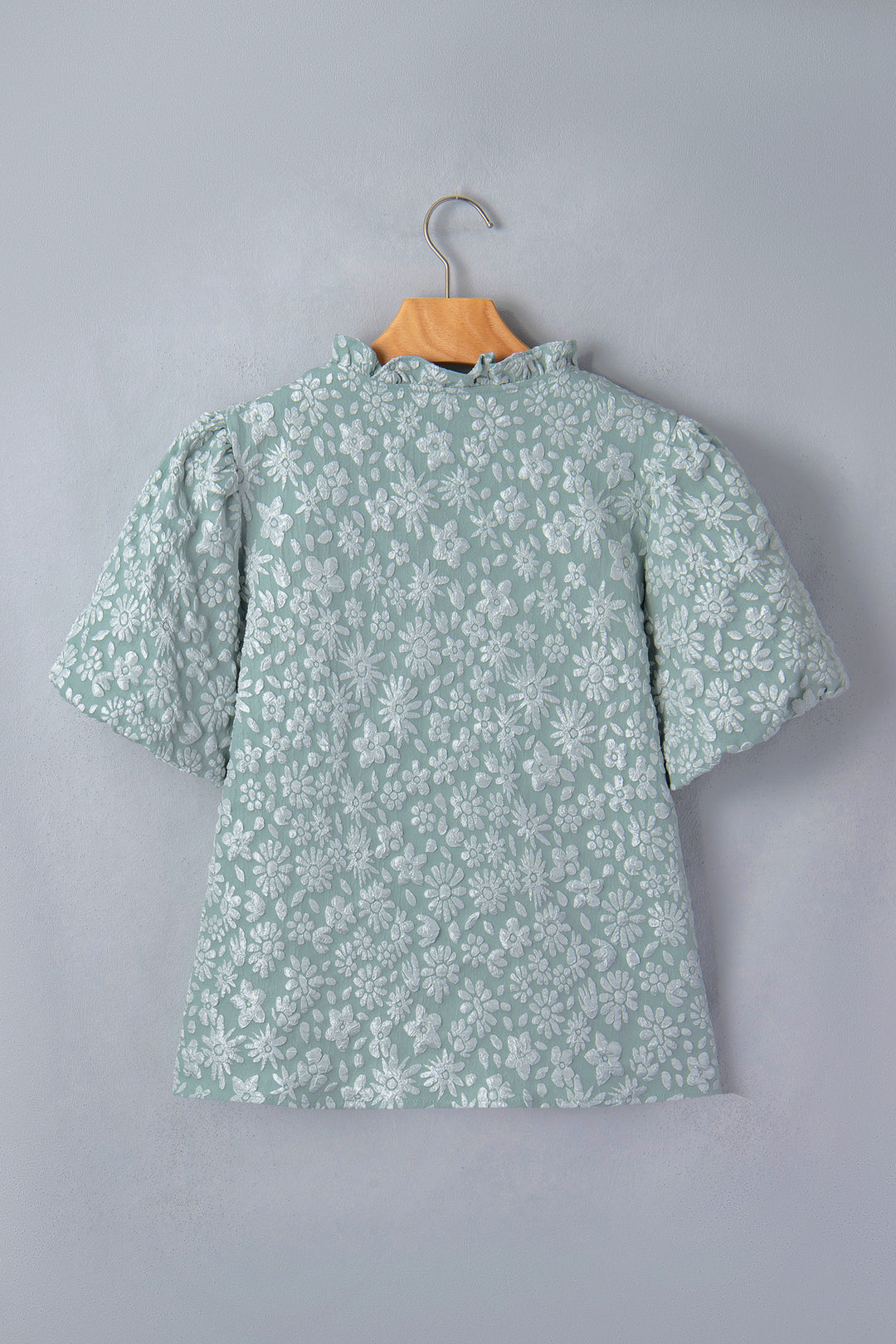 Iceland Blue Floral Textured Jacquard Puff Sleeve Blouse