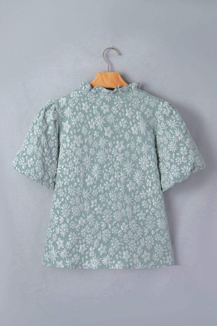 Iceland Blue Floral Textured Jacquard Puff Sleeve Blouse