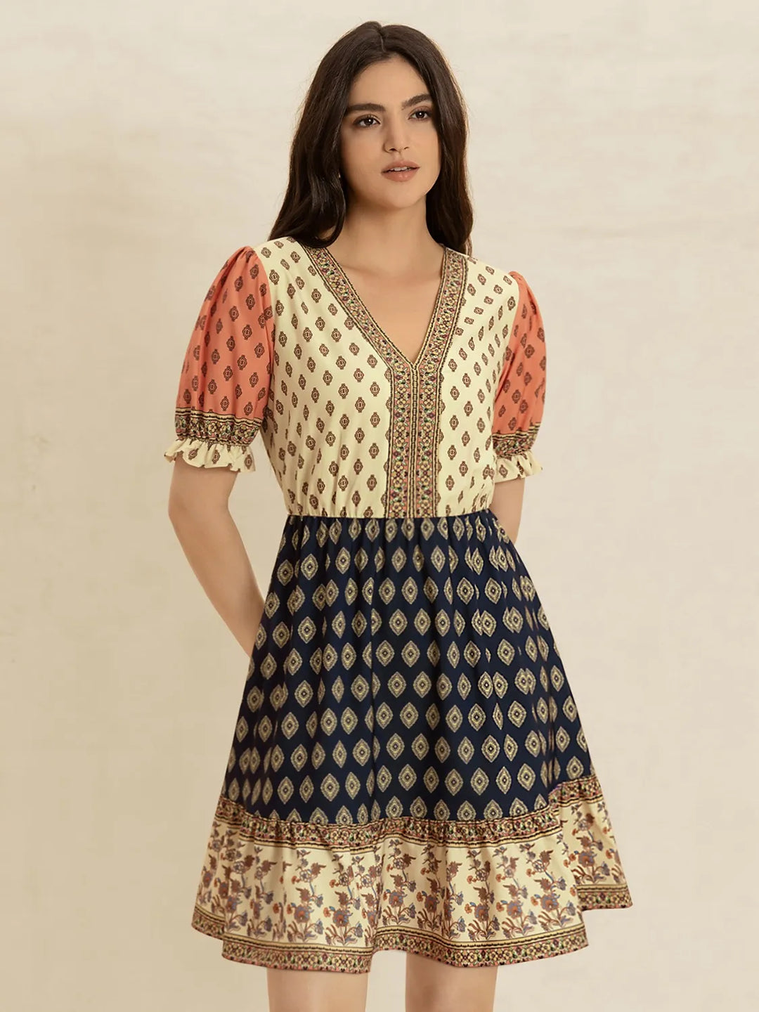 Printed V-Neck Short Sleeve Dress