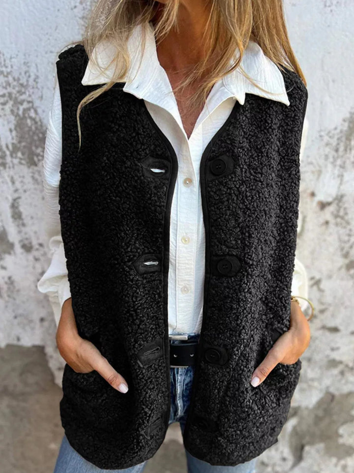 Full Size Cozy Sherpa Fleece Button-Up Vest Coat with Pockets Plus Size