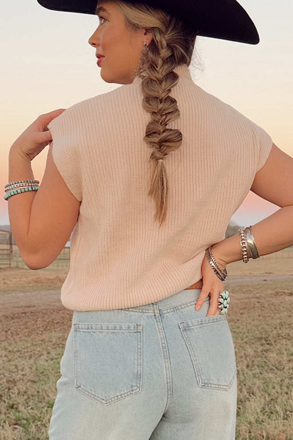 Oatmeal HOWDY Rodeo Cowboy Graphic High Neck Short Sleeve Sweater