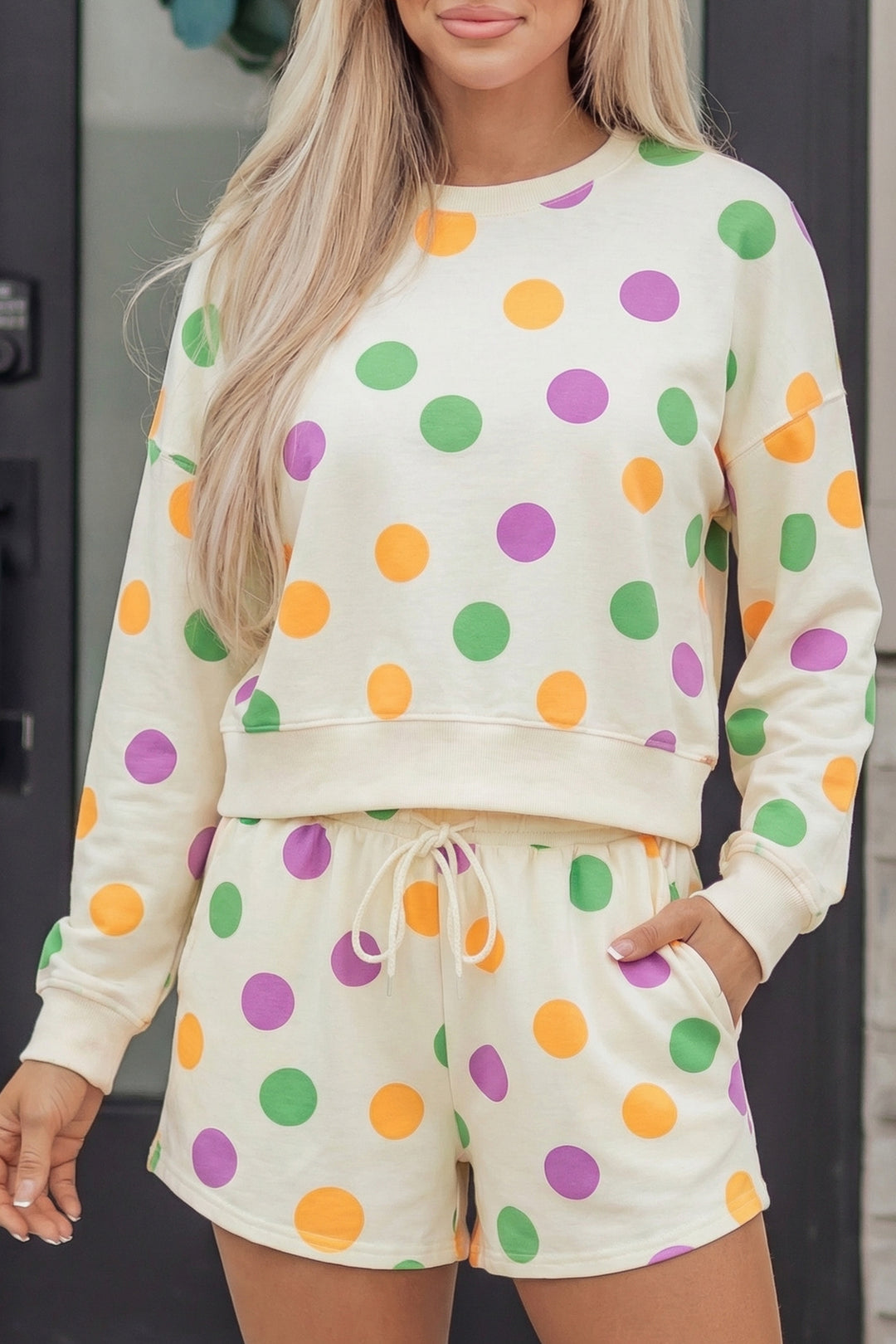 Multicolour Polka Dot Print Drop Shoulder Pullover Drawstring Shorts Set