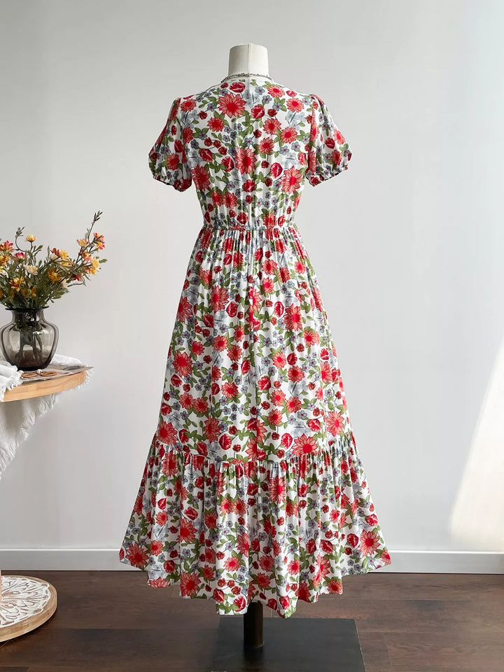 Floral Print V-Neck Ruffle Hem Midi Dress